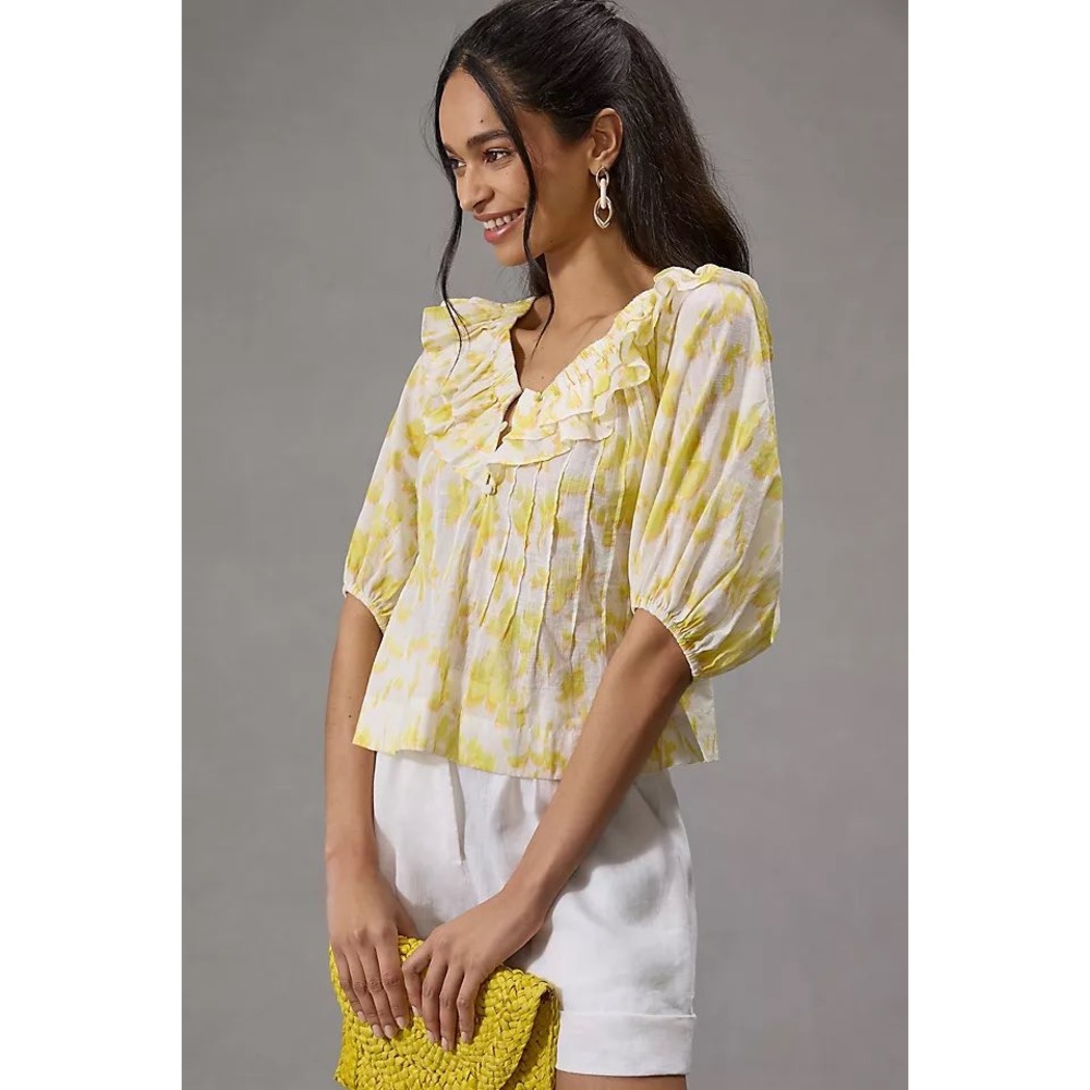 Maeve‎ Anthropologie Yellow Off-The Shoulder Ruffled Swing Puff Blouse Large